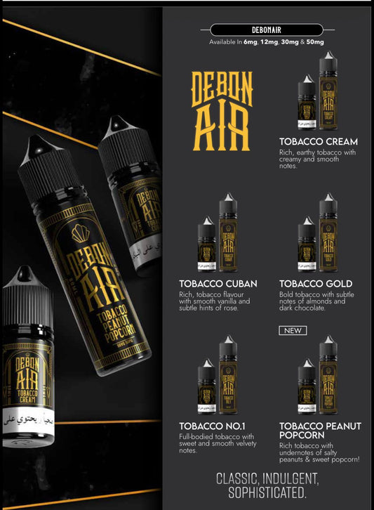 Debon Air vape juice packaging with product images and flavor names on a black background.