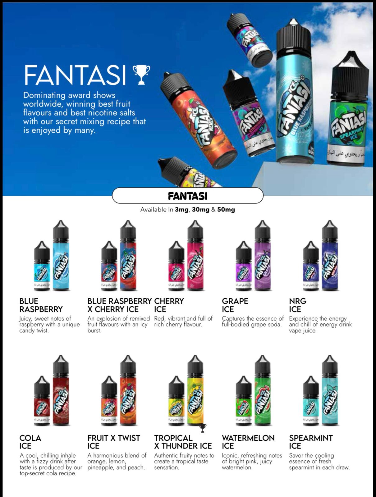 Advertisement for Fantasi vape juices with product images and flavor names against a blue sky background.