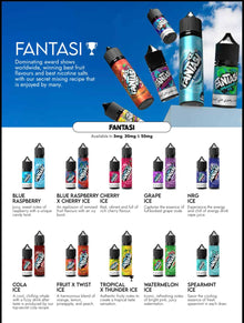 Advertisement for Fantasi vape juices with product images and flavor names against a blue sky background.