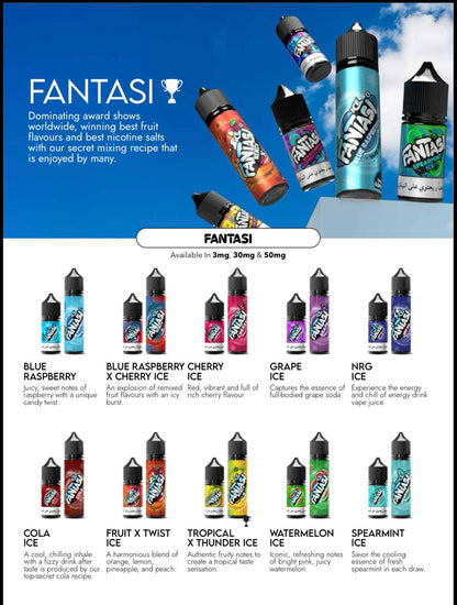 Advertisement for Fantasi vape juices with product images and flavor names against a blue sky background.