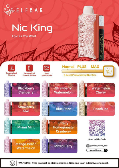 Elfbar Nic King vape device with flavor options on a red background
