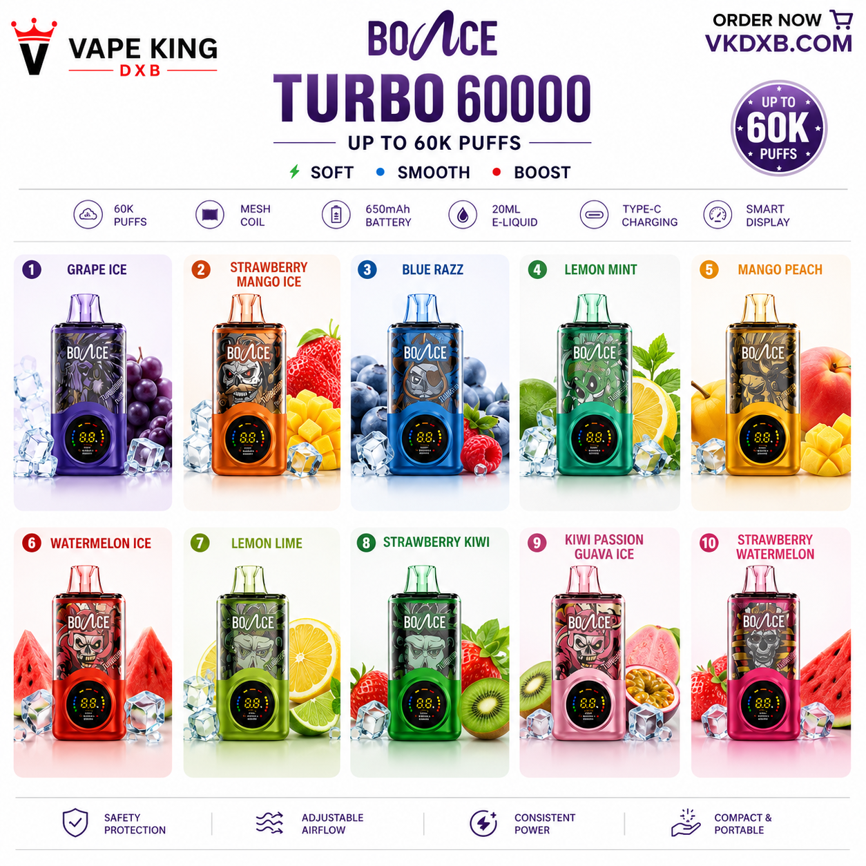 bounce turbo 60000 puffs 10 flavors catalogue with specifications