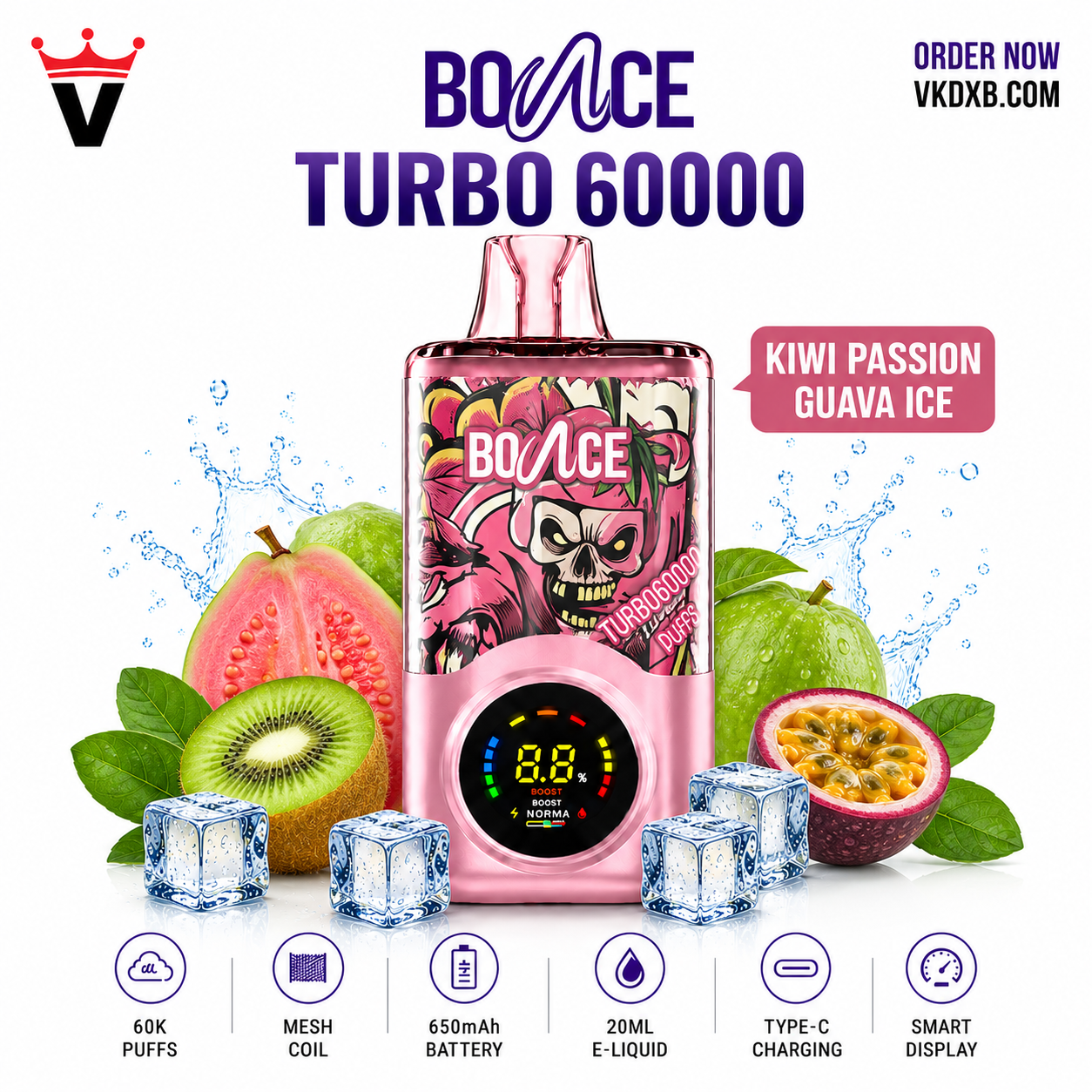 bounce turbo 60000 puffs kiwi passion guava ice at vape king dxb