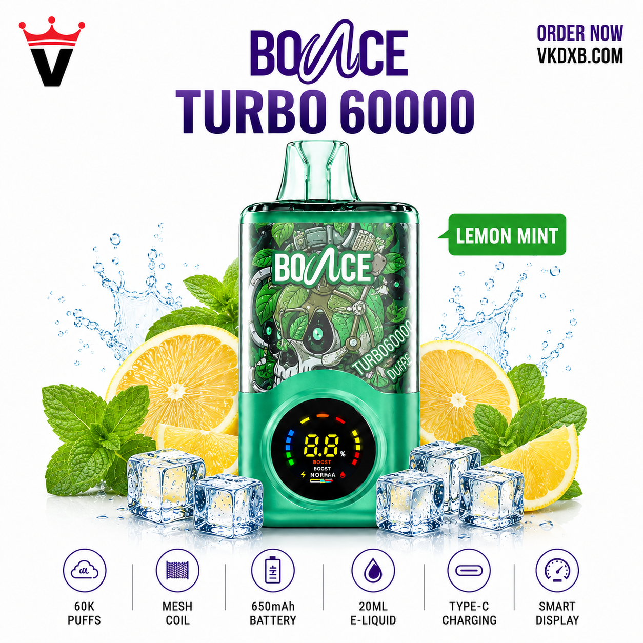 bounce turbo 60000 puffs lemon mint at vape king dxb