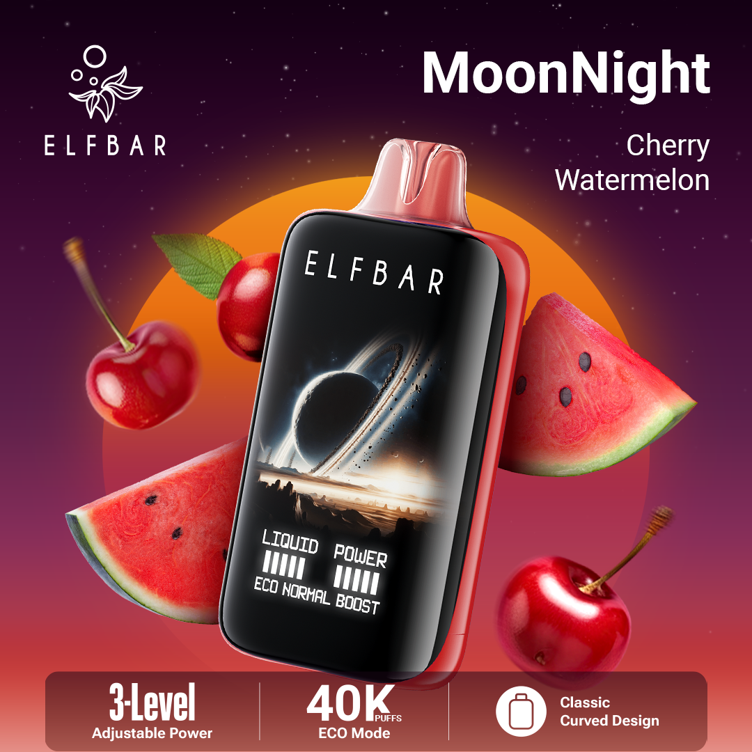 Elfbar vape device with cherry and watermelon graphics on a dark background