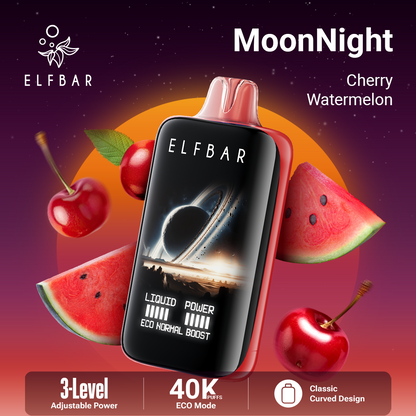 Elfbar vape device with cherry and watermelon graphics on a dark background