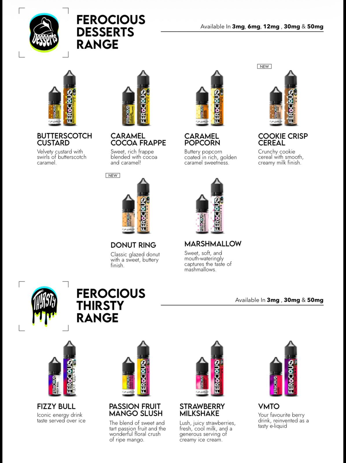 Ferocious Desserts and Ferocious Thirty product range with flavors and nicotine strengths displayed.