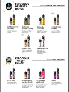 Ferocious Desserts and Ferocious Thirsty product ranges with flavours and nicotine strengths displayed.