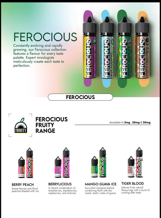 Ferocious vape juice collection with product names and flavors on a white background