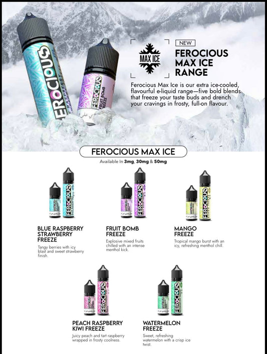 Promotional image of Ferocious Max Ice e-liquid bottles with flavor names and product details.