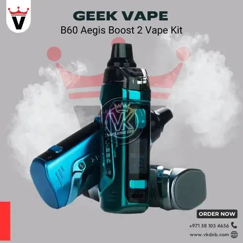 Geek Vape B60 Aegis Boost 2 vape kit in metallic blue with ergonomic design and advanced features for customizable vaping experience.