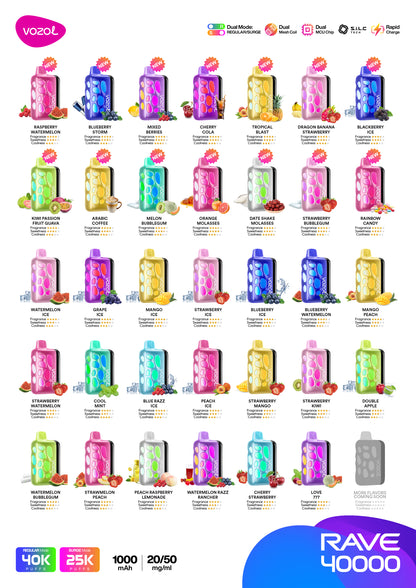 vozol rave 40000 pufs vape king dubai with flavors listed on a white background, featuring the Vozot brand.