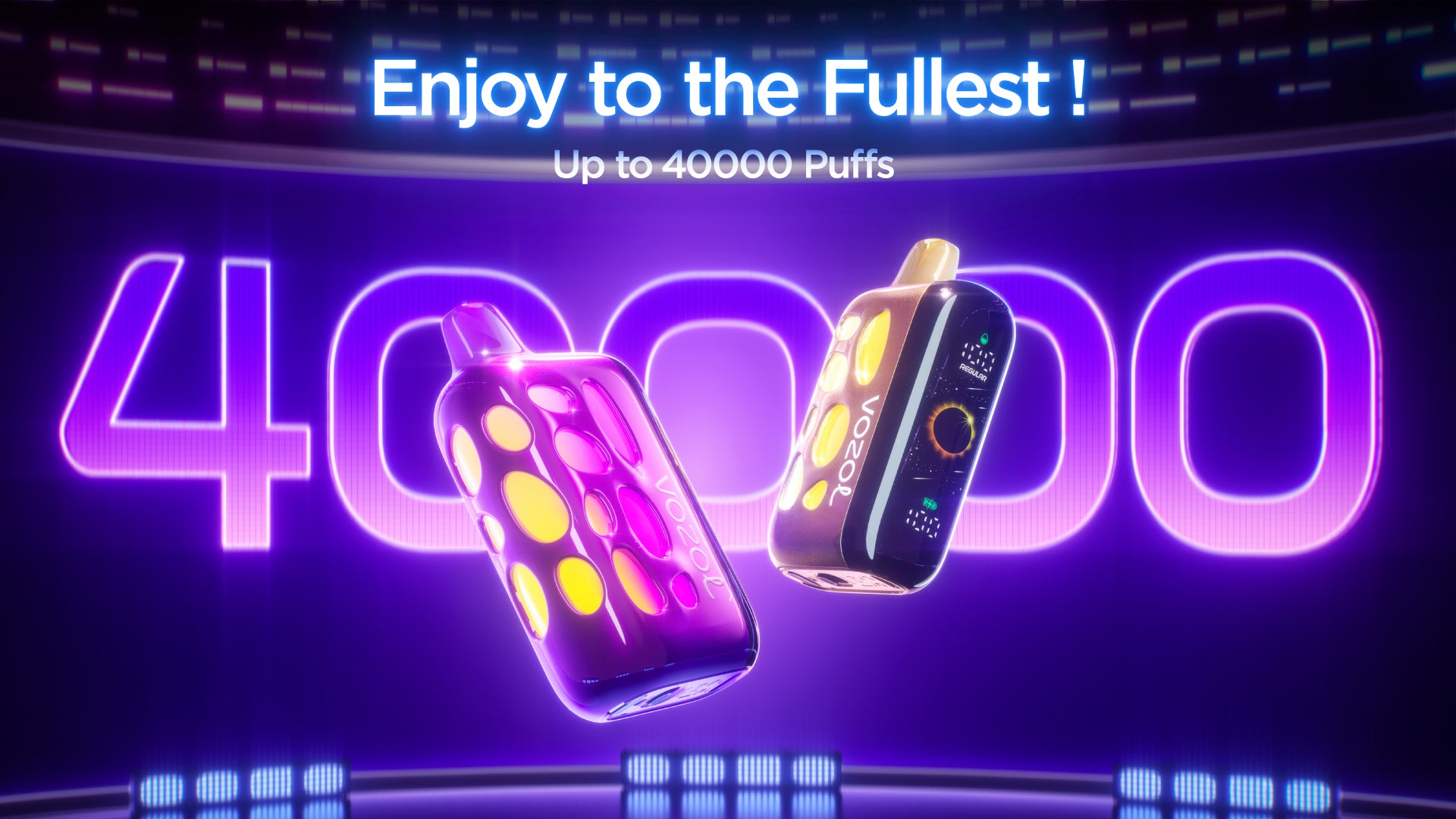 Two vape devices with '40000' displayed on a vibrant purple background with text 'Enjoy to the Fullest!'.vozol rave 40000 pufs vape king dubai