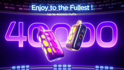 Two vape devices with '40000' displayed on a vibrant purple background with text 'Enjoy to the Fullest!'.vozol rave 40000 pufs vape king dubai