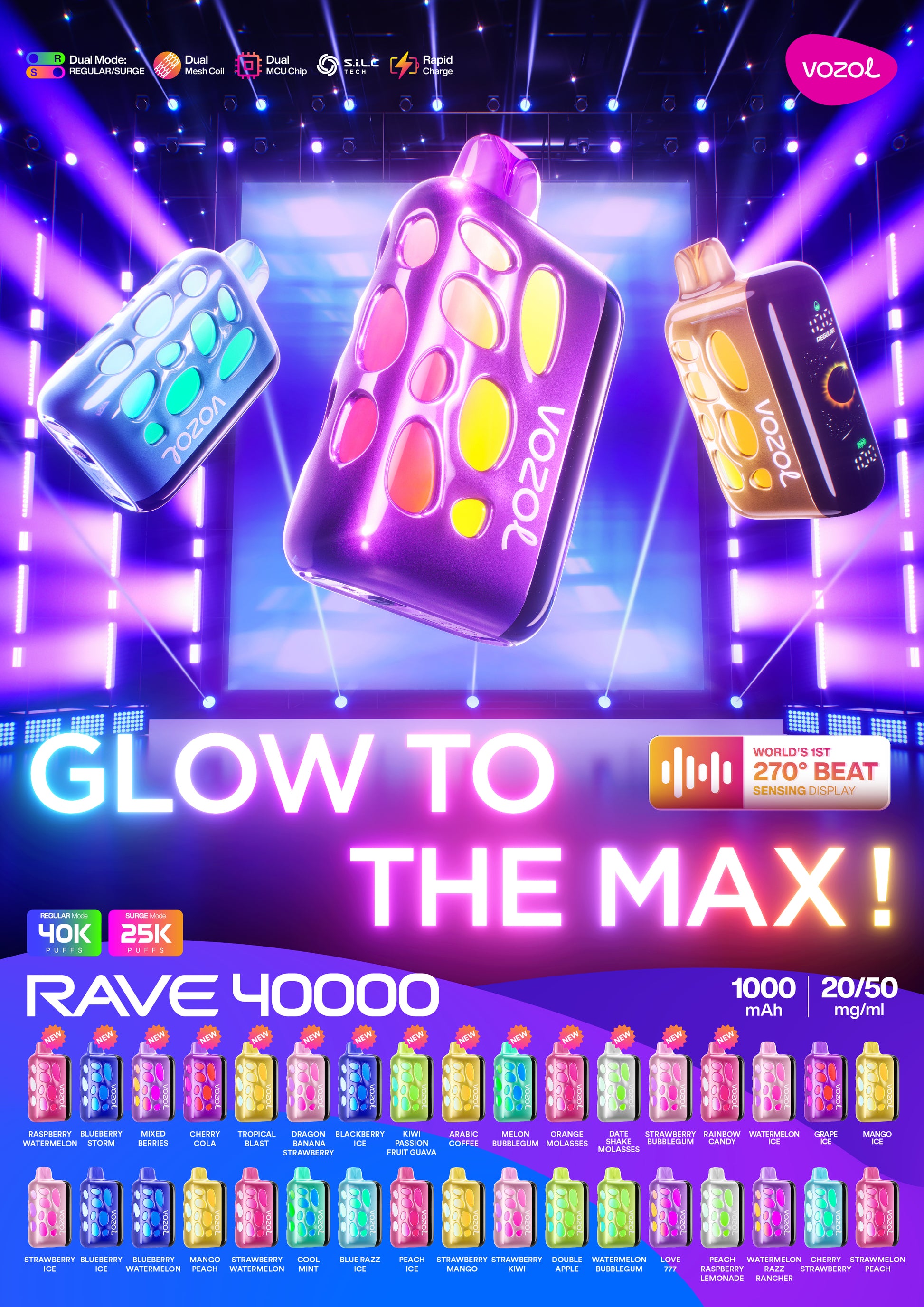 Promotional image of vape devices with colorful packaging and 'Glow to the Max!' text on a vibrant vozol rave 40000 pufs vape king dubaibackground.