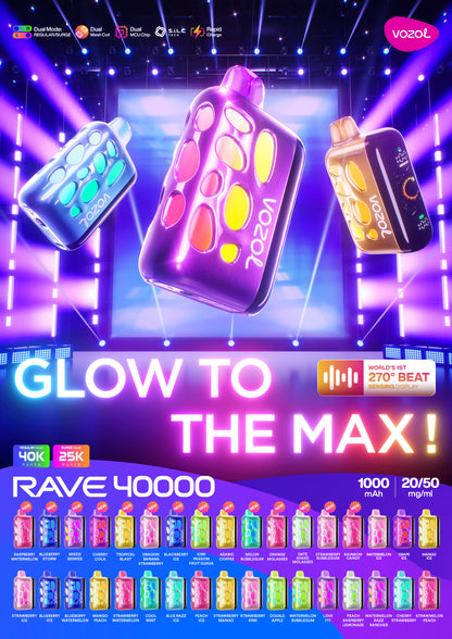 Promotional image of vape devices with colorful packaging and 'Glow to the Max!' text on a vibrant vozol rave 40000 pufs vape king dubaibackground.