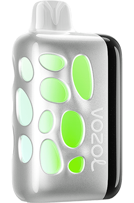 White electronic device with green circular patterns on a transparent background vozol rave 40000 pufs vape king dubai