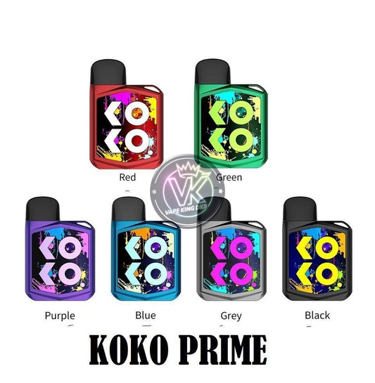 Uwell Caliburn Koko Prime pod kits in red, green, purple, blue, grey, and black with colorful splash designs and compact vape pod style