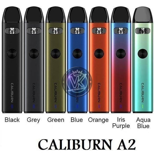 Uwell Caliburn A2 pod kits in multiple colors including black, grey, green, blue, orange, iris purple, and aqua blue with sleek design and button activation.