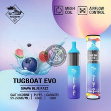 Tugboat Evo 4500 Puffs disposable vape with guava blue razz flavor, 5% nicotine salt, mesh coil, and airflow control.