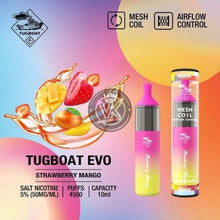 Tugboat Evo 4500 Puffs disposable vape with 5% nicotine, strawberry mango flavor, mesh coil, and airflow control.